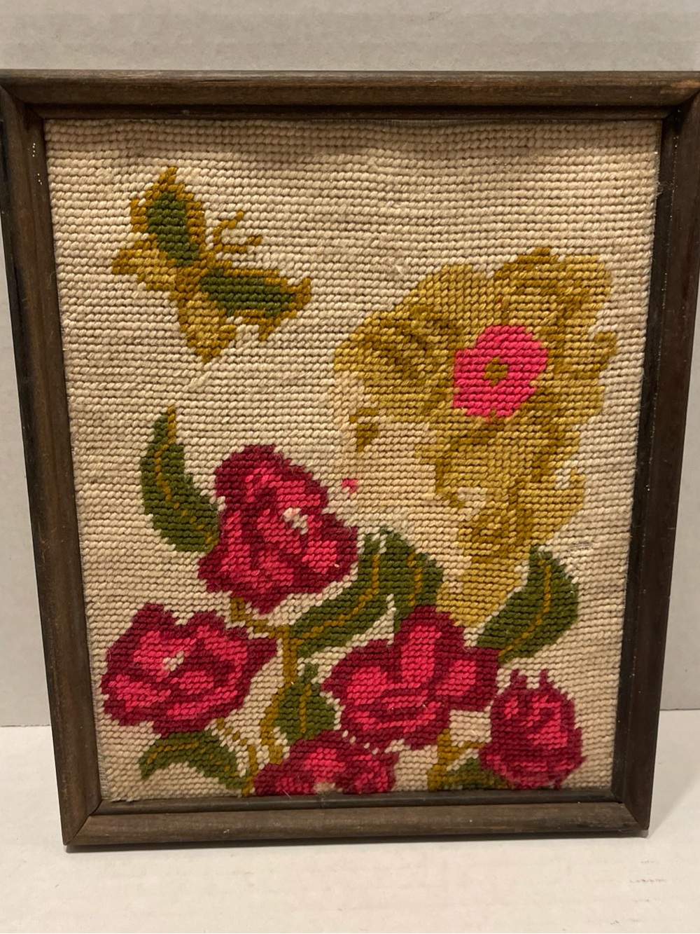 Vintage 1960s Needlepoint Handcrafted Pink and Green with girl Wall Art